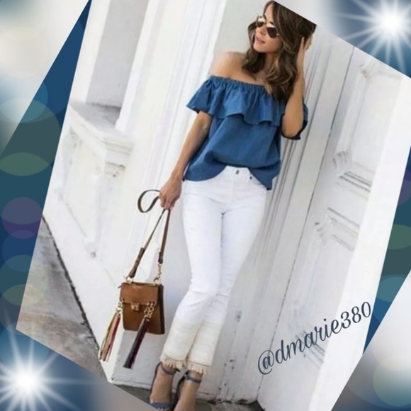 🎉 HP🎉 Blue Denim, Off Shoulder w/ ruffles blouse - Picture 2 of 3
